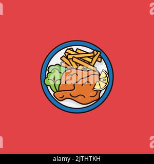 Wiener Schnitzel et frites sur une illustration vectorielle de plaque, style de contour plein, vue de dessus Illustration de Vecteur