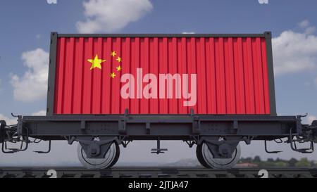 Conteneurs avec le drapeau de la Chine. Transport ferroviaire. 3d illustration Banque D'Images