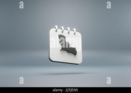 Calendrier de bureau doublé noir et blanc debout avec chauve-souris chantent Halloween. Éléments de conception modernes, 3D illustrations de rendu. Arrière-plan bleu-gris. Banque D'Images