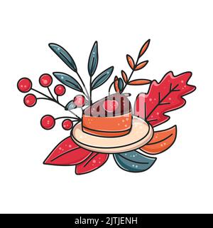 Morceau de gâteau, feuillage et baies de composition d'automne. Décoration confortable de saison d'automne. Imaginez une tarte aux cerises sur fond de feuilles d'automne colorées. Illustration de Vecteur