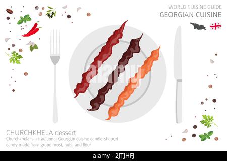 Guide de la cuisine du monde. Cuisine géorgienne. Churchkhela dessert isolé sur blanc, infographie. Illustration vectorielle Illustration de Vecteur