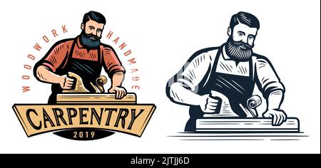 Charpentier avec outil de rabotage, emblème de menuiserie. Travail du bois, menuiserie, badge de travail du bois ou vecteur de symbole Illustration de Vecteur