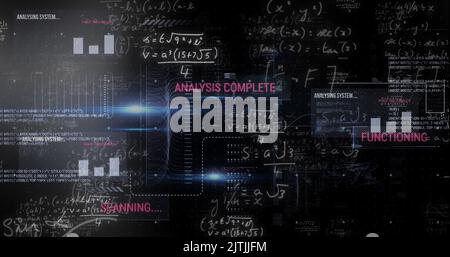 Image du traitement des données avec équations mathématiques sur fond noir Banque D'Images