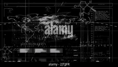 Image du traitement des données avec équations mathématiques sur fond noir Banque D'Images
