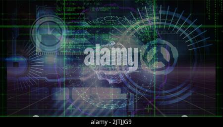 Image du traitement des données sur le globe et de l'horloge mobile sur fond noir Banque D'Images