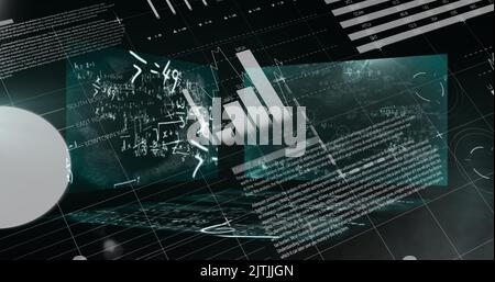 Image du traitement des données avec équations mathématiques sur fond noir Banque D'Images