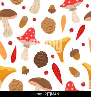 Motif d'automne avec de jolis champignons, des conifères et des glands. Arrière-plan transparent, illustration vectorielle de style dessin animé plat Illustration de Vecteur