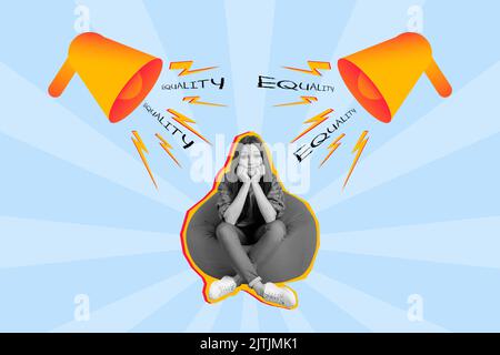 Collage photo de la jeune femme assis pouf tenir les joues malheureux stressé mauvais jour haut-parleur annonce anti-stress isolé sur fond bleu de couleur Banque D'Images