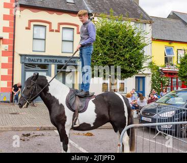 Jeune homme debout sur le poney brun et blanc. Banque D'Images