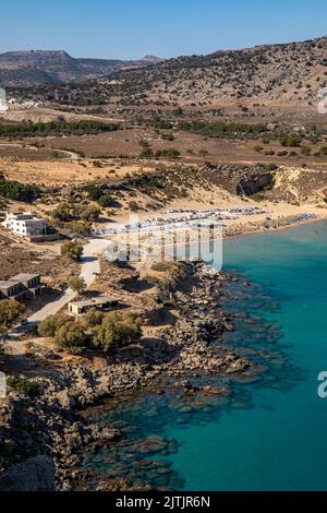 Agia Agathi Beach (sable doré) sur l'île de Rhodes, Grèce Banque D'Images