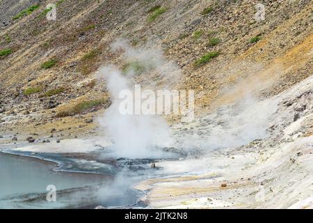 Des fumeroles bouillonnantes et des dépôts de soufre à la sortie hydrothermale sur la rive du lac chaud dans la caldeira du volcan Golovnin sur l'île de Banque D'Images