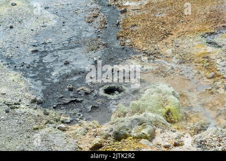 Des fumeroles bouillonnantes et des dépôts de soufre à la sortie hydrothermale sur la rive du lac chaud dans la caldeira du volcan Golovnin sur l'île de Banque D'Images