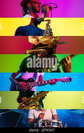 Collage de portraits rognés de jeunes musiciens talentueux et émotionnels sur fond multicolore, dans une lumière fluo. Jouer de la guitare, de la batterie, du chant Banque D'Images