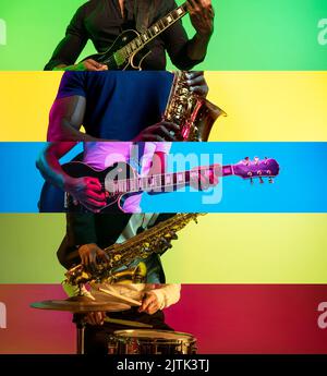 Collage de portraits rognés de jeunes musiciens talentueux et émotionnels sur fond multicolore, dans une lumière fluo. Jouer de la guitare, de la batterie, du chant Banque D'Images