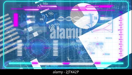 Image des graphiques en mouvement, de l'hélice de l'adn, des données cartographiques et de programmation sur l'interface graphique Banque D'Images