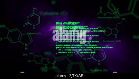 Image des structures chimiques et du traitement des données sur des ondes numériques violettes sur fond noir Banque D'Images