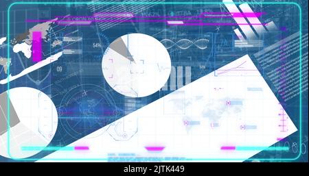 Image des graphiques en mouvement, de l'hélice de l'adn, des données cartographiques et de programmation sur l'interface graphique Banque D'Images