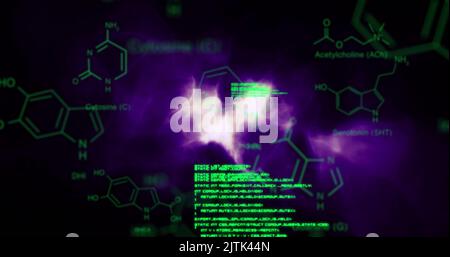 Image des structures chimiques et du traitement des données sur des ondes numériques violettes sur fond noir Banque D'Images