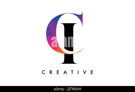 Ci Letter Design avec Creative Cut et Colorful Rainbow texture. Logo vectoriel IC Letter Icon avec police Serif et style minimaliste. Illustration de Vecteur