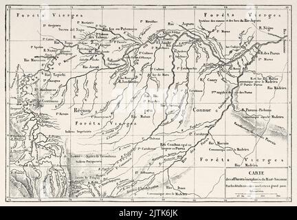 Carte du bassin de l'Amazone, Brésil. Amérique du Sud. Voyage à travers l'Amérique du Sud, de l'océan Pacifique à l'océan Atlantique par Paul Marcoy 1848-1860 depuis le Tour du monde 1867 Banque D'Images