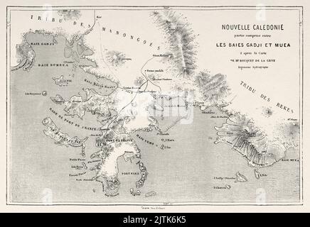 Ancienne carte de la région de Nouméa, Nouvelle-Calédonie. Voyage en Nouvelle-Calédonie par Jules Garnier 1863-1866 au départ du Tour du monde 1867 Banque D'Images