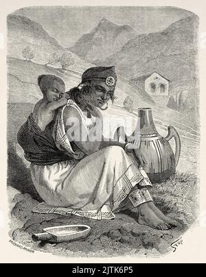 Kabyle femme avec son jeune fils sur le dos, Kabylie. Algérie du Nord, Afrique. Excursion en Grande Kabylie par le commandant Emile Duhousset 1864 depuis le Tour du monde 1867 Banque D'Images