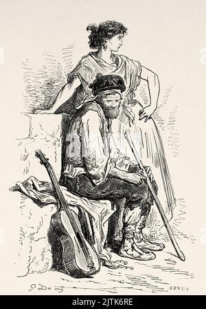 Guitariste Manchego et danseuse Albacete, Castilla la Mancha, Espagne. Europe. Voyages en Espagne par Gustave Dore et Jean Charles Davillier du Tour du monde 1867 Banque D'Images
