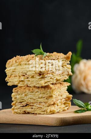 Une pile de tranches de tarte Napoléon cuites à la crème. Pâte feuilletée, délicieux dessert Banque D'Images