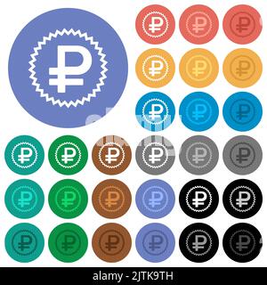 Autocollant ruble russe alternant des icônes plates multicolores sur fond rond. Inclus des variantes d'icônes blanches, claires et sombres pour le vol stationnaire et actif Illustration de Vecteur