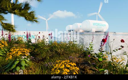 Stockage de l'hydrogène sur une colline, zéro émission et énergie écologique, rendu de 3D illustrations Banque D'Images