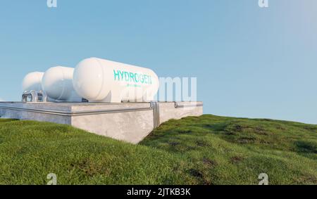 Stockage de l'hydrogène sur une colline, zéro émission et énergie écologique, rendu de 3D illustrations Banque D'Images
