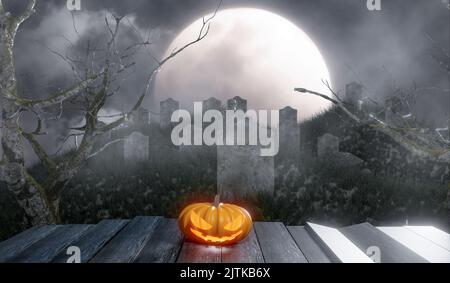 Jack o Lantern à la tombe en pleine nuit de lune, 3D rendu d'illustration Banque D'Images
