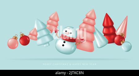 Arrière-plan de Noël avec bonhomme de neige et arbres de Noël. Illustration vectorielle de style caricature 3D Illustration de Vecteur