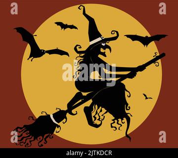 Une bannière Halloween avec une sorcière volante et des chauves-souris Illustration de Vecteur