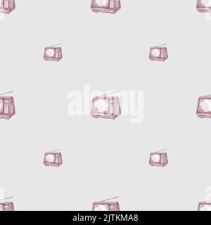 Motif rétro gravé sans couture. Téléviseur d'époque avec antenne dessinée à la main. Texture d'esquisse pour tissu, papier peint, textile, imprimé, titre, Illustration de Vecteur