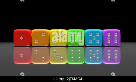 Ensemble de dés de couleur arc-en-ciel sur fond gris. Dés de jeu colorés avec des chiffres. Casino outil de jeu de pari. 3D rendu. Banque D'Images
