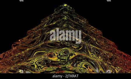 3D rendu. Bijou précieux de forme pyramidale et de couleurs jaunes. Pierres en verre à motifs colorés et tourbillonnantes aux couleurs jaunes. Pyramide de cristal sur noir Banque D'Images