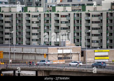 Architecture brutaliste du quartier de Merihaka à Helsinki, en Finlande Banque D'Images