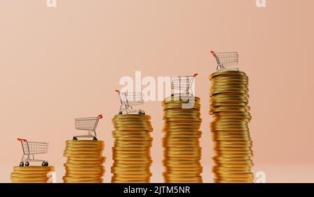 Chariot de magasinage avec pile de pièces d'or. Concept d'inflation. 3D rendu Banque D'Images