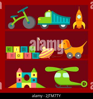Divers jouets pour enfants sur les étagères : chien, balle, voiture, vélo, hélicoptère, cubes, jouets en bois, pyramide, fusée, tourbillon. Différents jouets en dessin animé Illustration de Vecteur