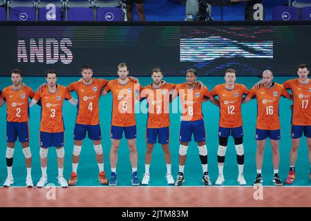 LJUBLJANA, SLOVÉNIE - AOÛT 31 : équipe des pays-Bas pendant le Championnat du monde masculin de volley-ball de la FIVB - Pool F - phase préliminaire de match entre les pays-Bas et l'Iran à l'Arena Stozice sur 31 août 2022 à Ljubljana, Slovénie (photo de l'agence Borut Zivulovic/BSR) Banque D'Images