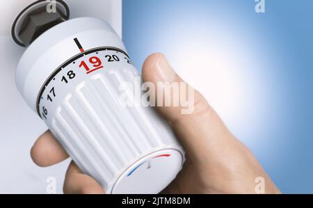 Homme réduisant la consommation d'énergie en réglant la température du thermostat sur 19 degrés. Gros plan sur un bouton. Image composite entre une illustration 3D et une h Banque D'Images