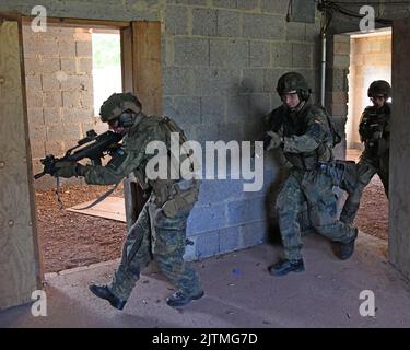 Parachutistes allemands (Bundeswehr) avec le 4. Kompanie/Fallschirmjaeger, Régiment 26, nettoyer une pièce lors d'un exercice de guerre de terrain urbain à Smith Barrack à Baumholder, Allemagne, 24 août 2022. L'unité a été formée en préparation aux exercices et scénarios du futur mouvement sur le terrain urbain. (É.-U. Photo de l'armée par Ruediger Hess) Banque D'Images