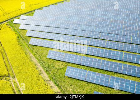 Panneau solaire pour la production d'électricité à courant continu dans le champ jaune. Photovoltaïque et ressource alternative de l'énergie, vue aérienne Banque D'Images