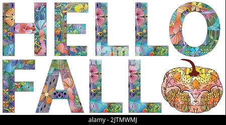 Décoration artistique peinte à la main. Les mots d'illustration dessinés à la main HELLO FALL pour le t-shirt et d'autres décorations Illustration de Vecteur