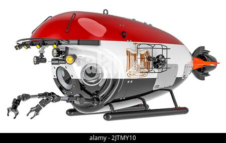 Bathyscaphe avec drapeau égyptien. Géologie marine, océanographie en Egypte, 3D rendu isolé sur fond blanc Banque D'Images