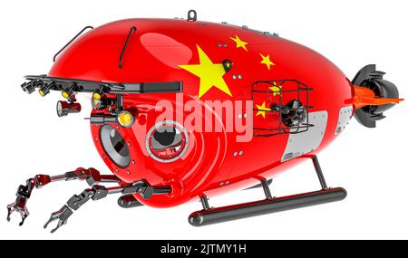 Bathyscaphe avec drapeau chinois. Géologie marine, océanographie en Chine, 3D rendu isolé sur fond blanc Banque D'Images