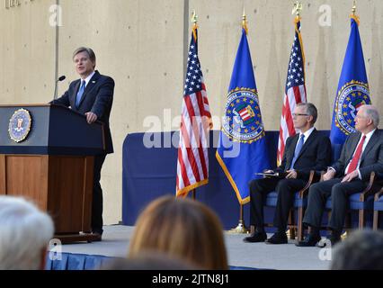 Le Directeur cérémonie d'installation de Wray le Directeur Christopher Wray s'adresse au public lors de sa cérémonie d'installation officielle au siège du FBI à 28 septembre 2017. Wray, ancien procureur et procureur général adjoint de la Division criminelle du ministère de la Justice des États-Unis, a officiellement prêté serment à 2 août 2017 lors d’une cérémonie privée. Banque D'Images