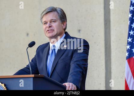 Le Directeur cérémonie d'installation de Wray le Directeur Christopher Wray s'adresse au public lors de sa cérémonie d'installation officielle au siège du FBI à 28 septembre 2017. Wray, ancien procureur et procureur général adjoint de la Division criminelle du ministère de la Justice des États-Unis, a officiellement prêté serment à 2 août 2017 lors d’une cérémonie privée. Banque D'Images