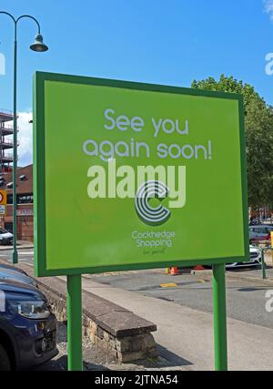 Cockhedge centre commercial - Leaving See You Again Soon, Warrington Town Center, Asda, slogan: Lase you, Cheshire,England,UK Banque D'Images